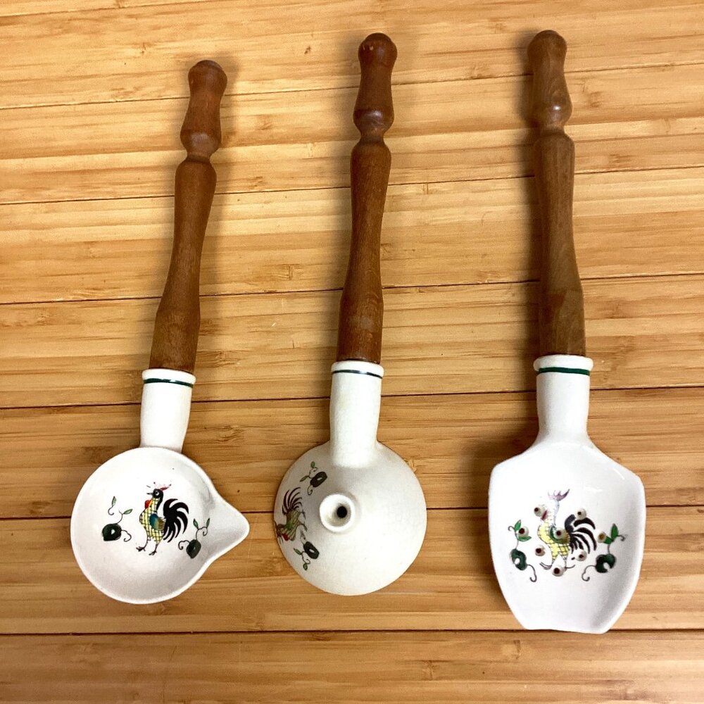 Vintage Painted Ceramic + Wood Cooking Utensils Set of 3